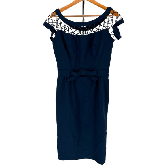 Tatyana Alina Pencil Dress in Navy Bow size Large Short Sleeve Fishnet Neckline - Picture 3 of 13